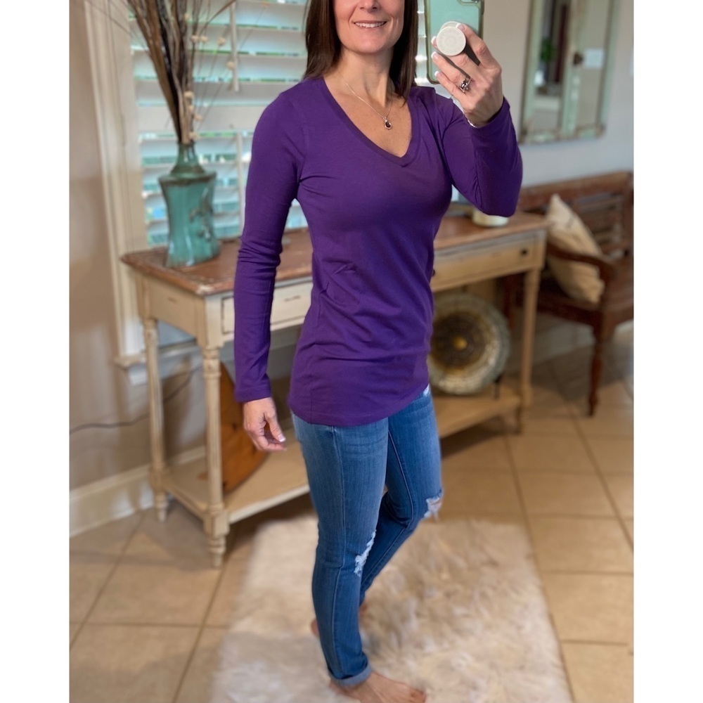 V-Neck Long Sleeve Loose Basic Top Purple 0321